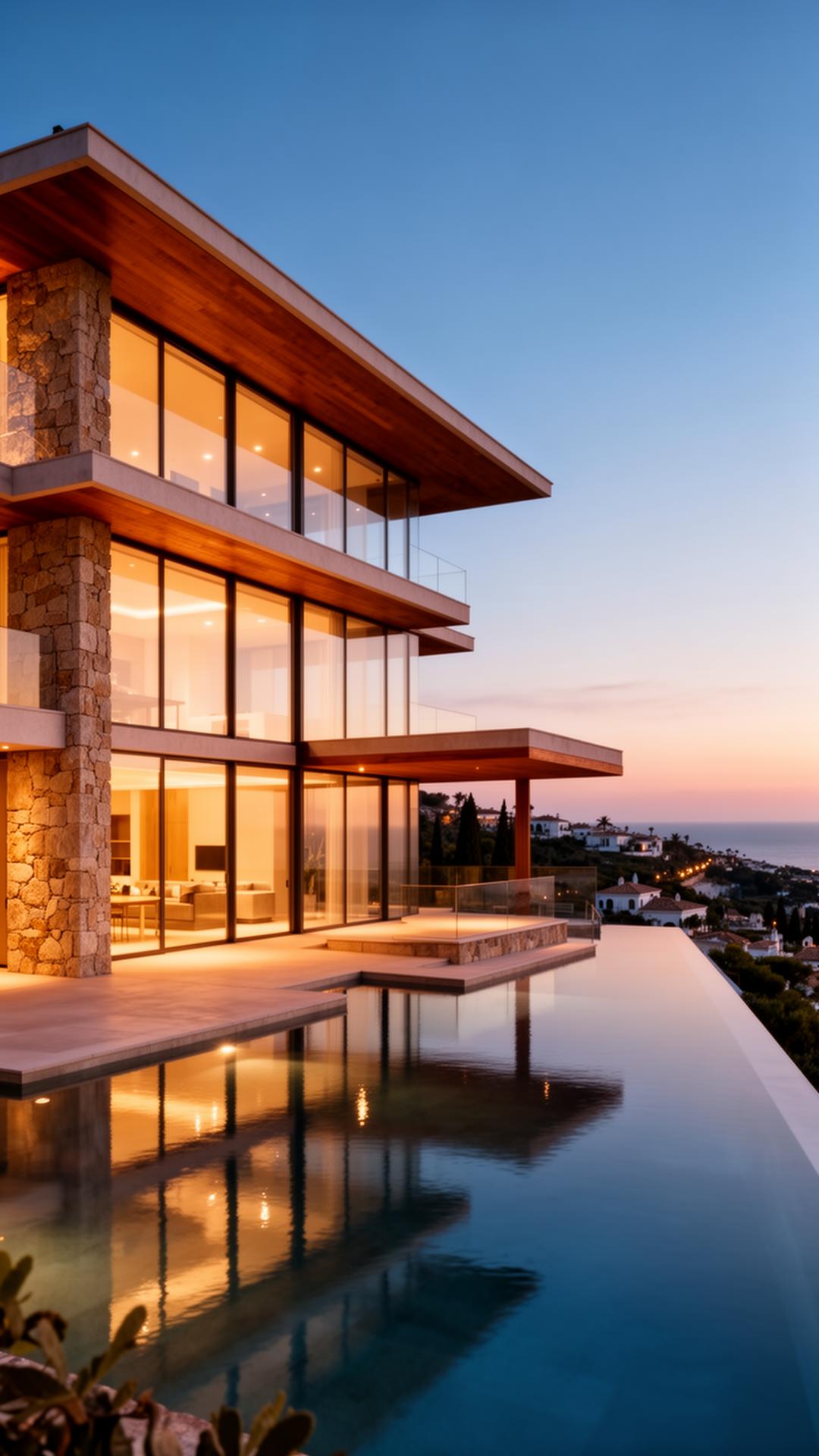 Premium Costa del Sol property at twilight with warm interior glow and infinity pool