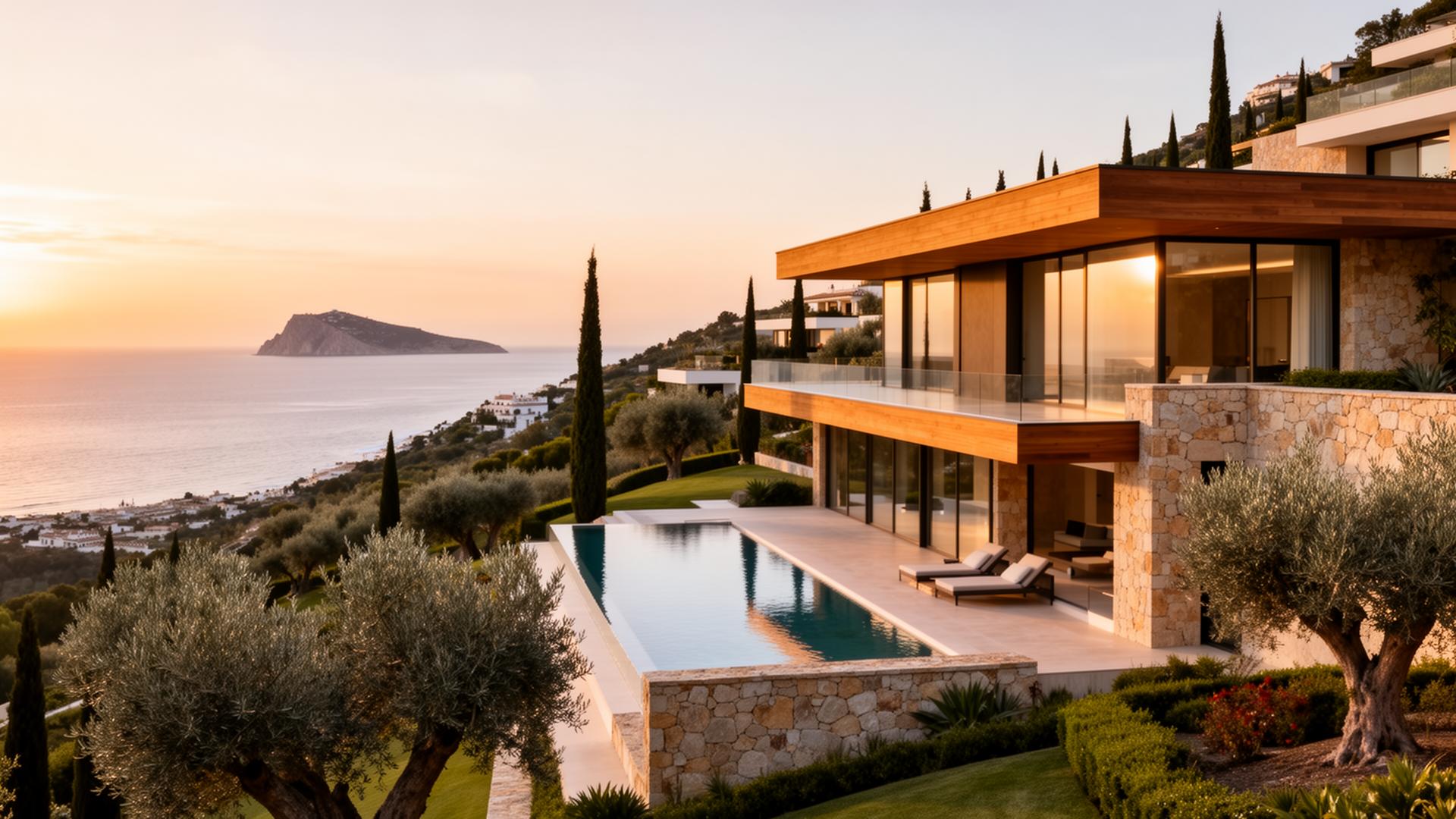 Premium hillside property on Costa del Sol with infinity pool and panoramic Mediterranean view at golden hour